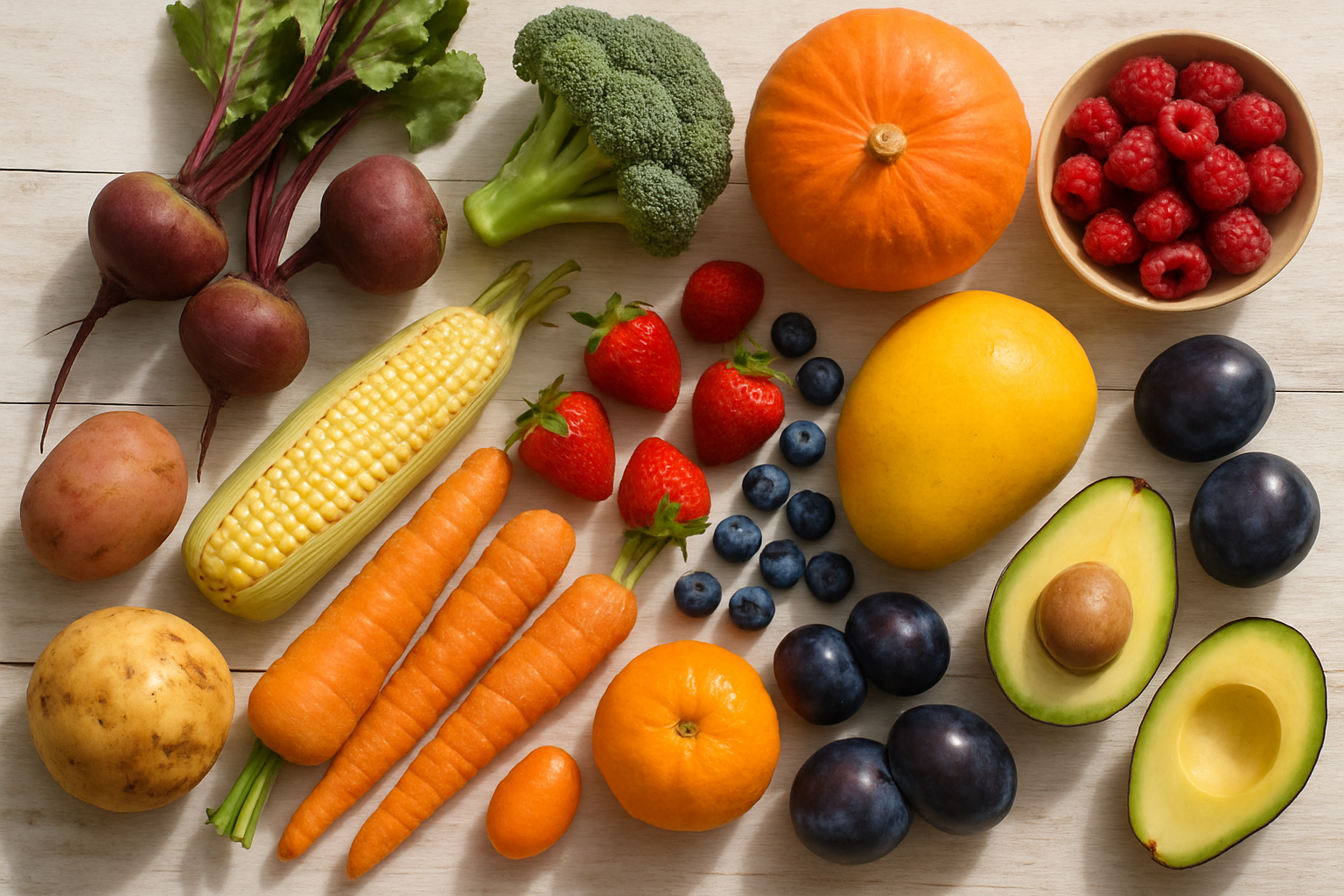 A colourful arrangement of seasonal Australian fruits and vegetables on a wooden table.