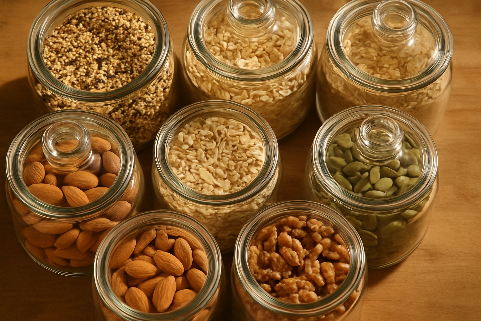 Well-stocked pantry with healthy wholefoods in glass jars.