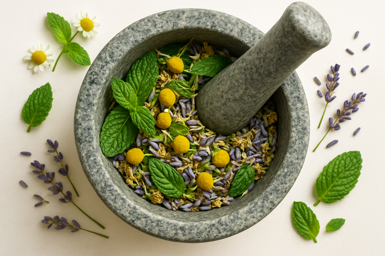 A mortar and pestle with various herbs used in naturopathic medicine.