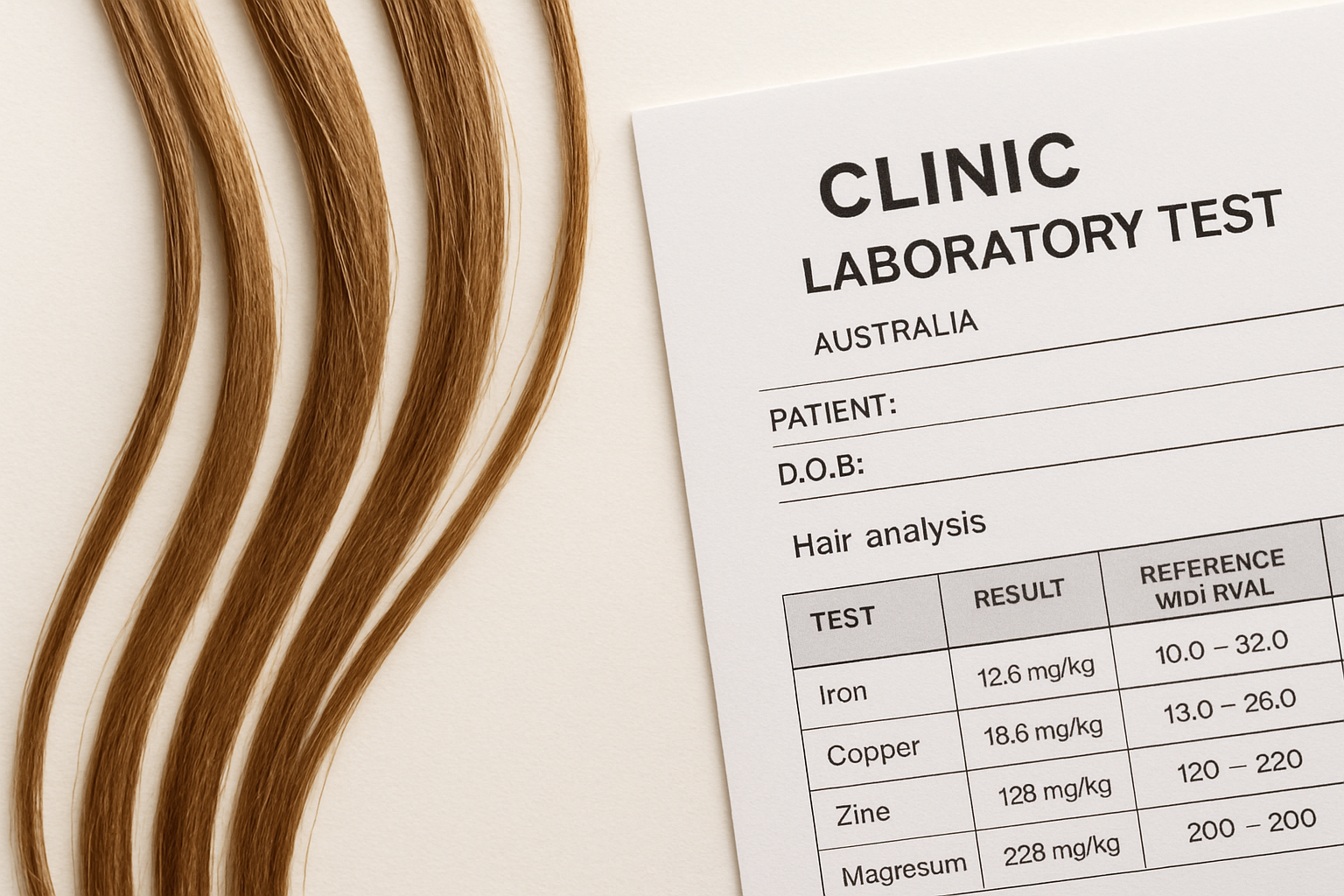 Healthy hair strands next to test report