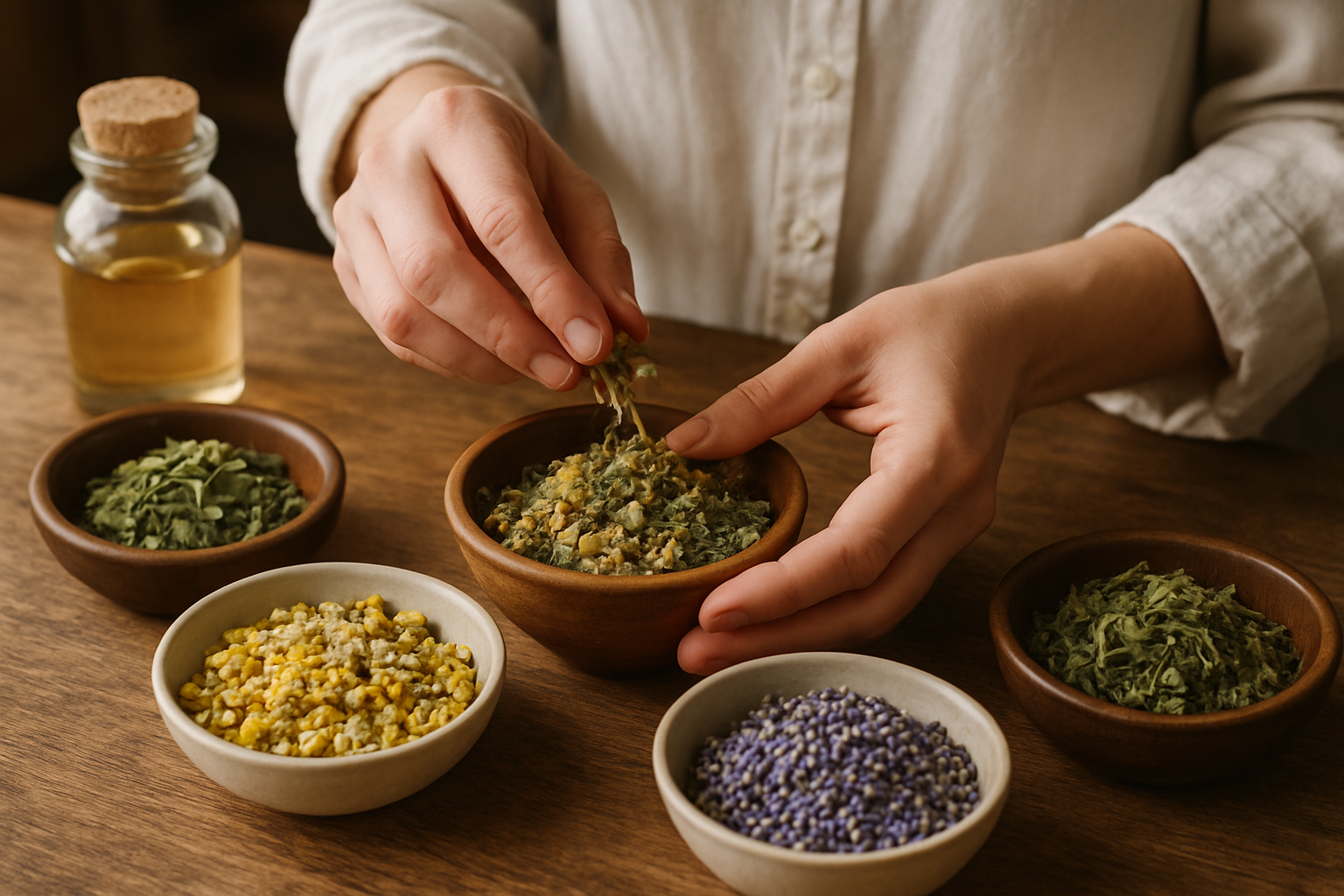 A naturopath preparing a custom herbal tea blend for a client.