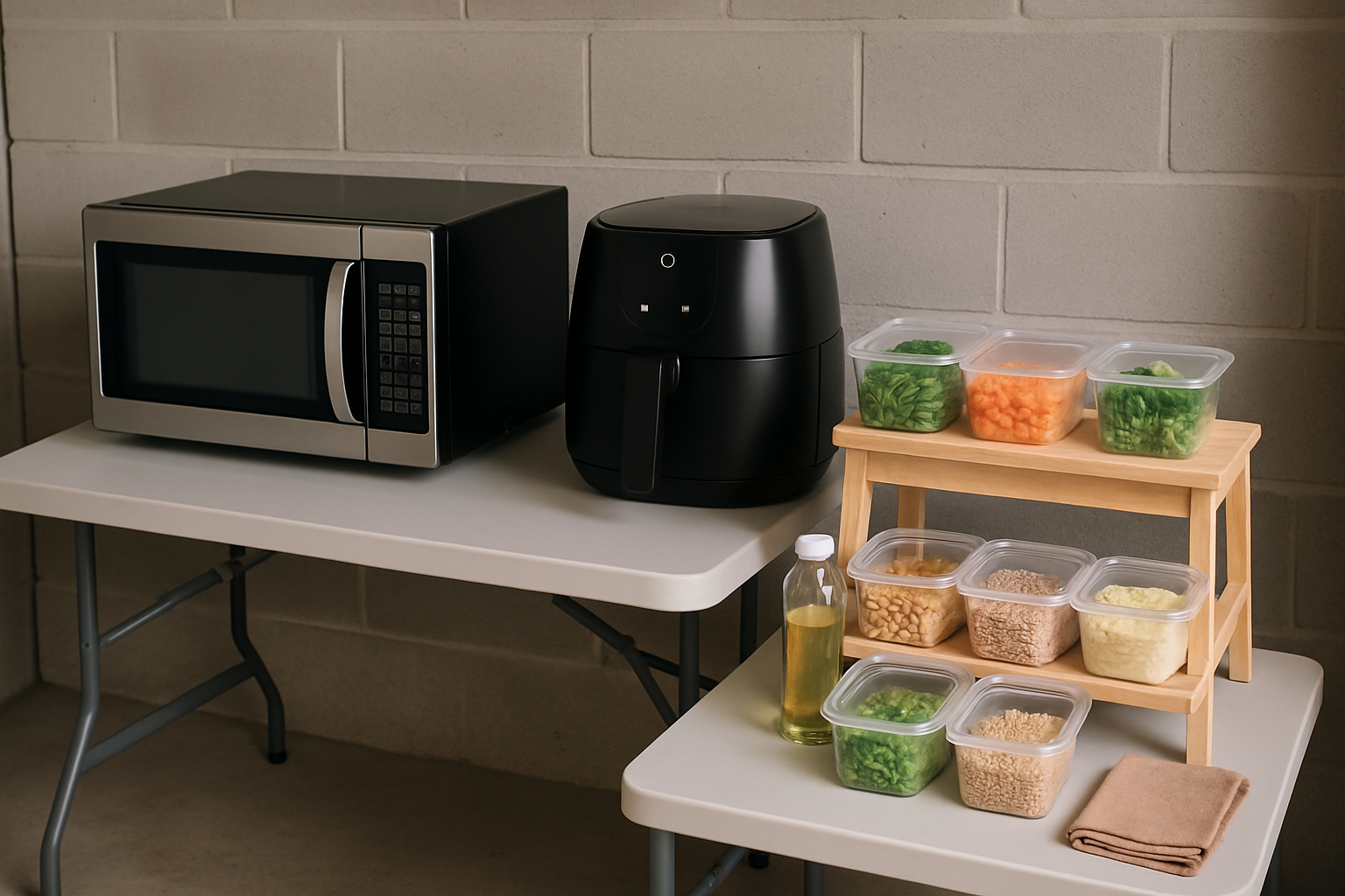 A temporary kitchen set up for healthy eating during a home renovation.