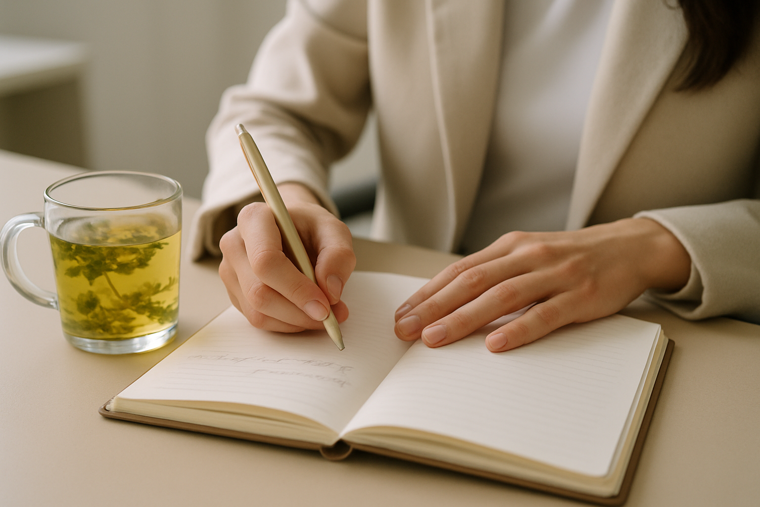 A client taking notes during a naturopath nutritionist consultation.