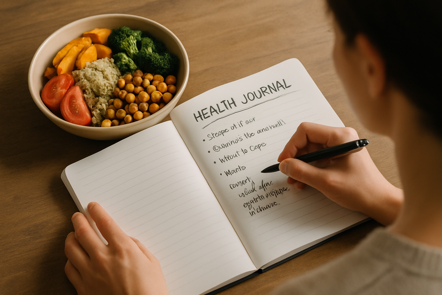 A person tracking their progress in a health journal alongside a nutritious meal.