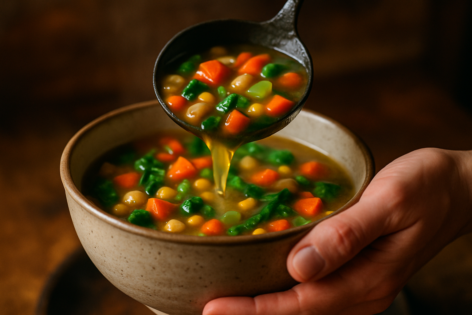A person serving a bowl of healthy, homemade vegetable soup.