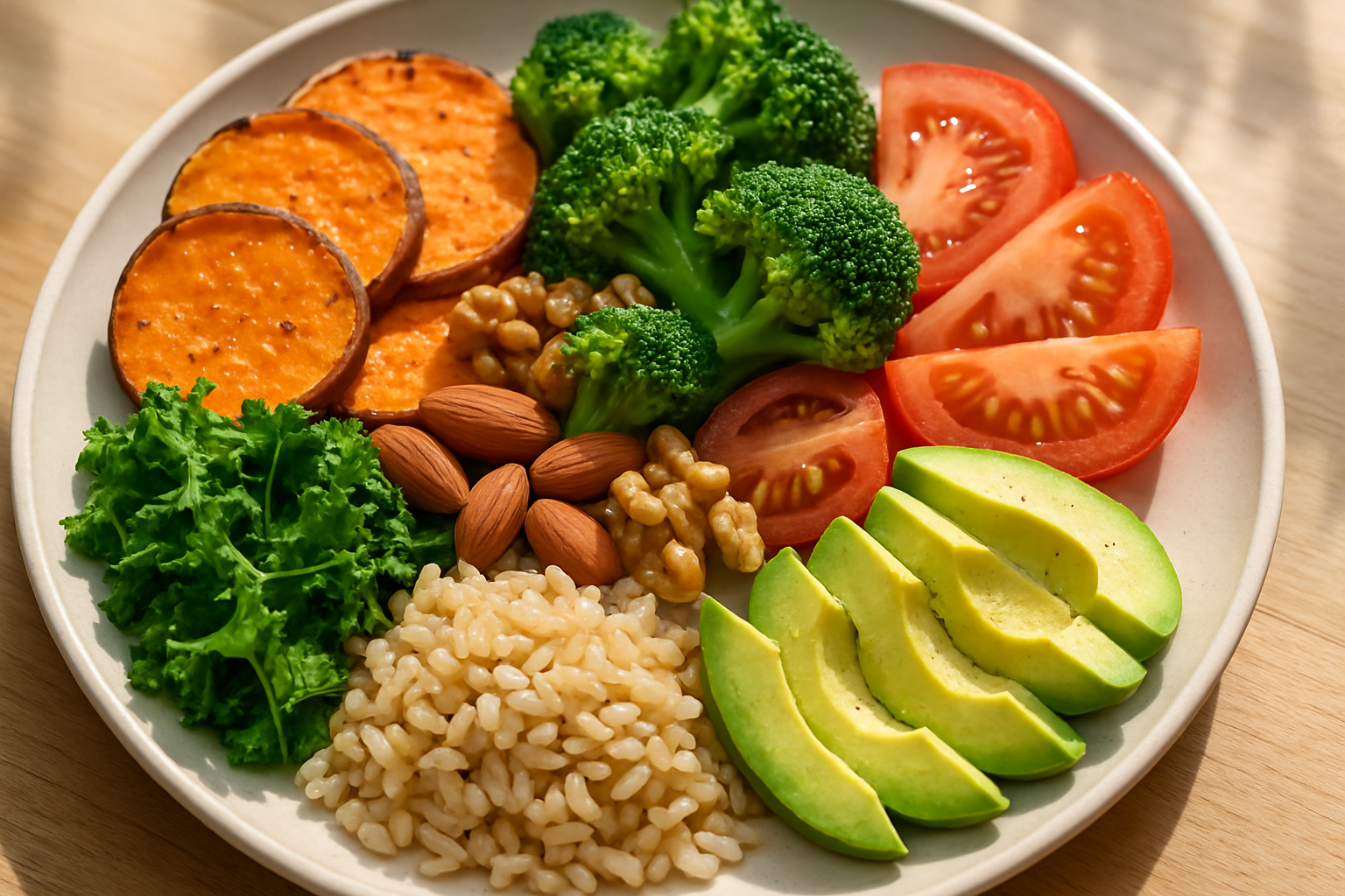 Balanced nutrient rich meal with fresh vegetables and grains